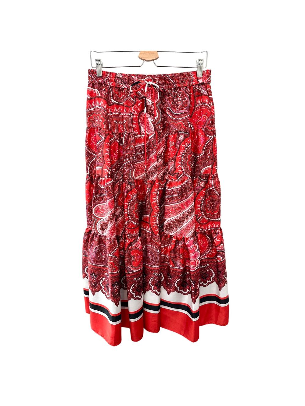 RALPH LAUREN | Red Paisley Drawstring Tiered Midi Skirt Boho Preppy | Medium